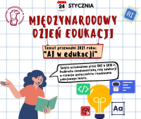 Kolorowa grafika wydarzenia z podstawowymi informacjami o nim, symbolami sztucznej inteligencji, logo biblioteki.