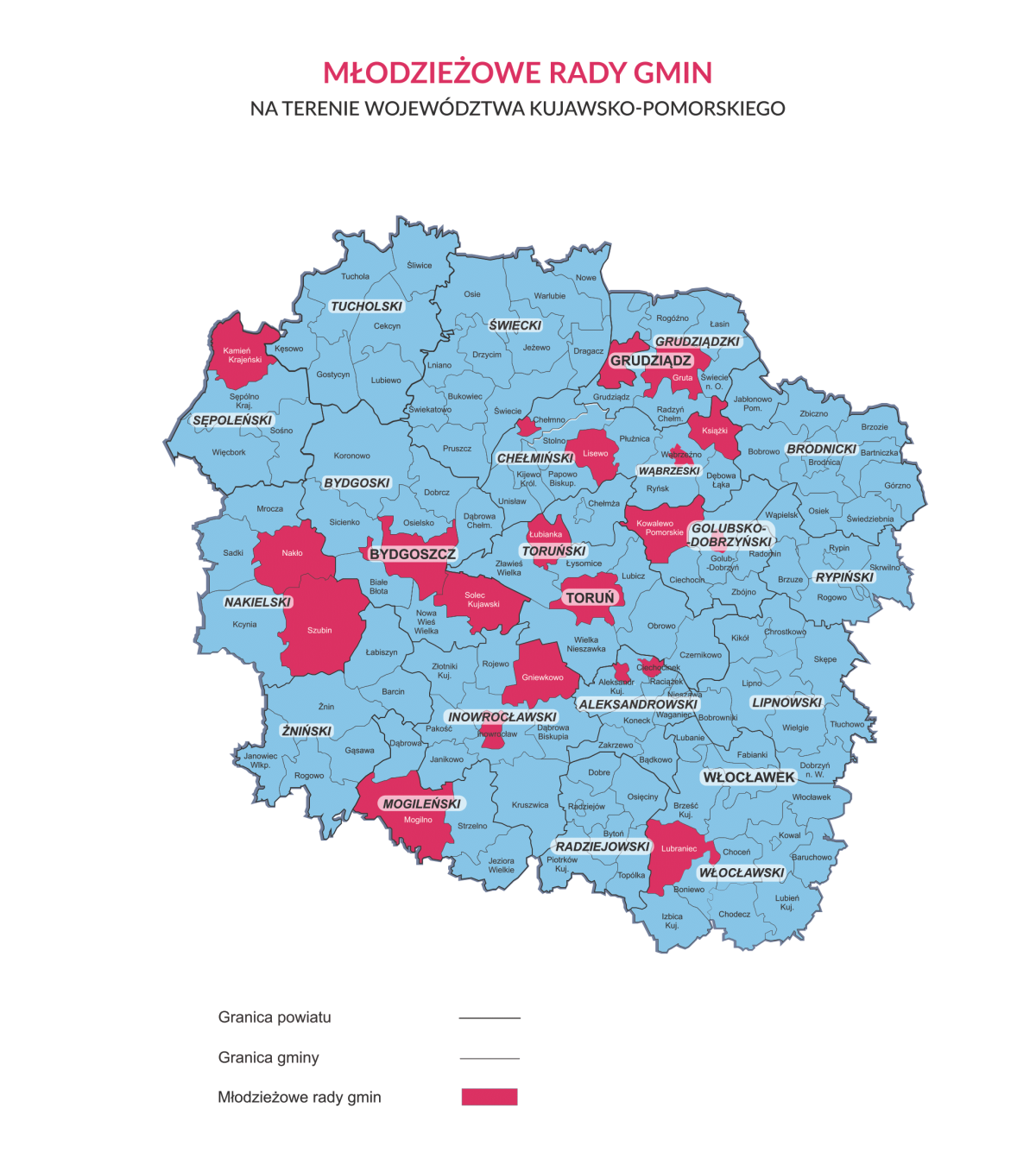 Mapa województwa kujawsko-pomorskiego na której zaznaczone są gminy w których funkcjonują młodzieżowe rady gminy