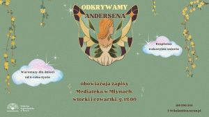 Plakat promujący zajęcia wakacyjne w Mediatece w Młynach