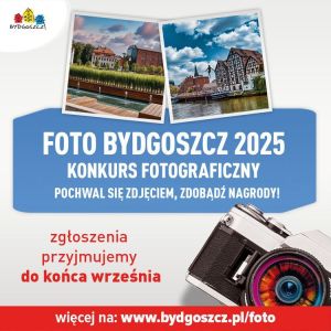 Aparat fotograficzny i dwa zdjęcia na plakacie konkursowym FOTO Bydgoszcz 2025.