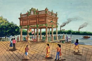 Praca o życiu wioski: kobiety w sari niosą wodę, wędrowny asceta w szacie, wesołe dzieci, roślinność i zwierzęta.