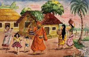 Życie wioski: kobiety w sari niosą wodę, wędrowny asceta w szacie, wesołe dzieci, roślinność i zwierzęta.