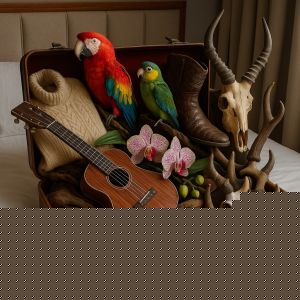 Otwarta walizka, w której znajdują się buty ze skóry gadów, storczyki, papugi, gitara, poroża, pióra, jaja.