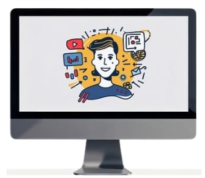 Na monitorze komputera uśmiechnięta twarz dziewczyny a wokół niej ikony aplikacji internetowych.