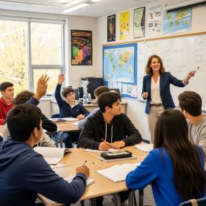 Uczniowie i nauczycielka podczas zajęć w klasie szkolnej.