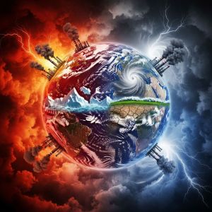 Artystyczna wizja zmian klimatycznych na Ziemi z dymiącymi kominami, tornadami, spękaną glebą.