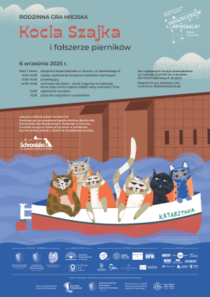 Plakat z wykorzystaniem książki z serii Kocia szajka, zawiera program i logotypy organizatorów.