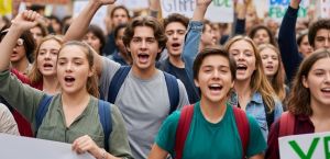 Młodzież z transparentami na demonstracji wznosi okrzyki.