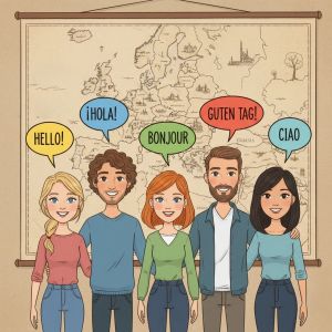 Postacie komiksowe z dymkami w różnych językach przed mapą Europy.