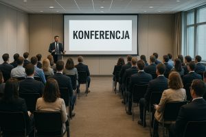 Prelegent na konferencji stoi przed publicznością.