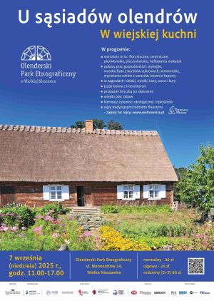 Stara chałupa w ogrodzie pełnym kwiatów oraz informacje o wydarzeniu.