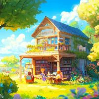 Drewniana biblioteczka na łące.