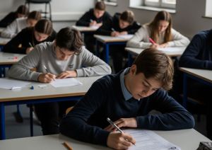 Uczniowie w klasie wypełniają test przy pojedynczych stolikach.