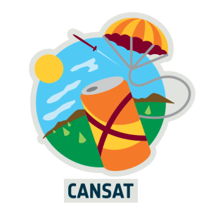 Puszka po napoju, spadochron i rakieta w logo konkursu CanSat.