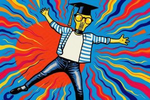 Postać w birecie studenckim, w dynamicznej pozie, z żarówką zamiast głowy, symbolizująca pomysłowość i energię.