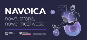 Ciemna grafika z napisem Navoica i konturami kobiety z laptopem.