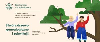 Baner konkursu „Bez korzeni nie zakwitniesz” - dwie osoby siedzące na konarze drzewa.