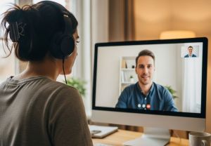 Kobieta ze słuchawkami na głowie przed ekranem komputera prowadzi rozmowę online.