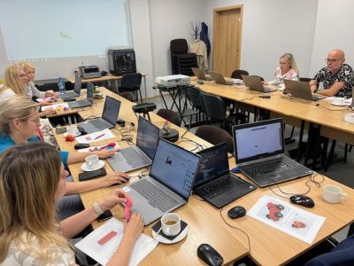 Osoby zebrane na szkolenie pracujące na laptopach