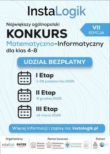 Baner konkursu InstaLogik z podstawowymi informacja i i logotypami organizatorów i patronów.