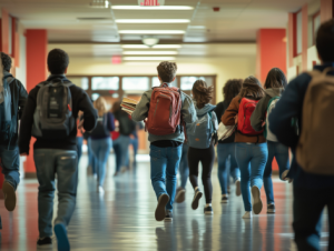 Młodzież z plecakami idzie korytarzem szkolnym, widok z tyłu.