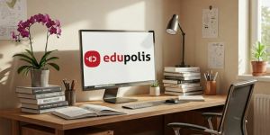 Biurko z książkami i ekranem komputera, który wyświetla logo Edupolis.