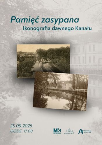 Stare zdjęcia kanału na plakacie wystawy.