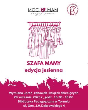 Różowo-biały rysunek rzeczy wiszących na wieszakach.