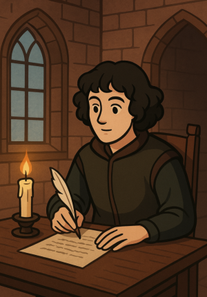 Młody mężczyzna o kręconych, ciemnych włosach, siedzi przy drewnianym stole, mężczyzna pisze piórem na pergaminie.