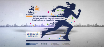 Zarys postaci w dynamicznej pozie na banerze Biegu Erasmusa 2025.