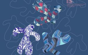 Trzy kolorowe postacie oraz kilka konturów postaci na niebieskim tle.