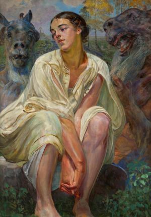 Kobieta w jasnej szacie siedzi między dwoma stworzeniami, na tle pejzażu z drzewami i niebem.