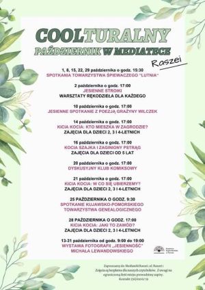 Plakat promujący październikowe zajęcia w Mediatece Raszei