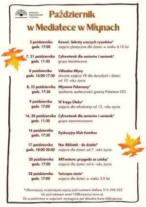 Plakat promujący październikowe zajęcia w Mediatece w Młynach