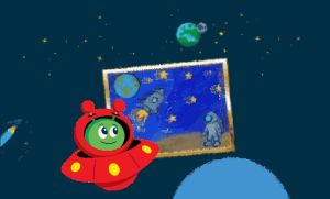 Postać rysunkowa w statku kosmicznym. W tle obraz o tematyce kosmicznej.