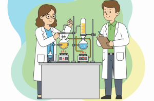 Dwoje młodych naukowców – kobieta i mężczyzna, ubrani w białe fartuchy, pracują wspólnie w laboratorium.