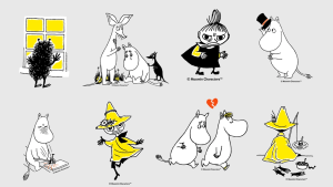 Postacie z książki "Muminki" przedstawiające różne emocje.