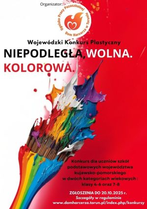 Kolorowy pędzel na tle barw narodowych na plakacie konkursu plastycznego.