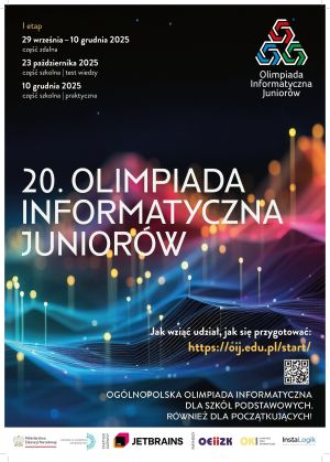 Plakat XX Olimpiady Informatycznej Juniorów 2025/2026 z harmonogramem i logotypami organizatorów.