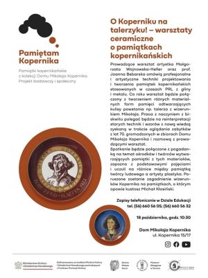 Plakat promujący warsztaty ceramiczne o pamiątkach kopernikańskich