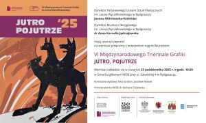 Z lewej strony rysunek zwierzęcia z trzema głowami, z prawej informacje o wystawie.