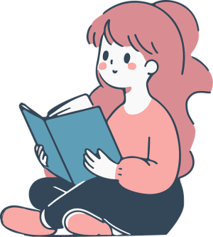 Grafika wektorowa z uśmiechniętą rudowłosą dziewczyną czytającą książkę.