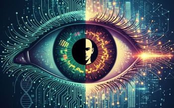 Głowa w źrenicy oka, które jest otoczone rzęsami przypominającymi układy elektroniczne, atrybuty cyfrowego świata.