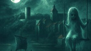 Ponury obraz miasta, po prawej stronie upiorna dziewczynka z długimi włosami siedzi na huśtawce.