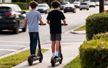 Dwóch chłopców na hulajnogach elektrycznych porusza się po ścieżce rowerowej obok ruchliwej ulicy.