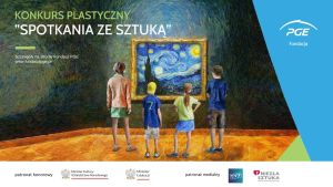 Dzieci stojące przed obrazem w galerii sztuki - plakat konkursu plastycznego.