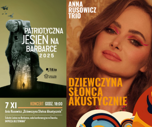 Plakat promujący koncert z wizerunkiem artystki, motywem lasu i logo organizatora.