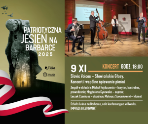 Plakat promujący koncert z zespołem na scenie, flagą Polski, motywem lasu i logo organizatora.