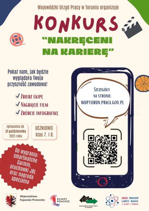 Smartfon z kodem QR na plakacie konkursowym