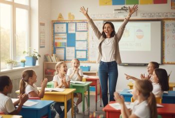 Uśmiechnięta nauczycielka z wysoko uniesionymi rękoma w klasie szkolnej.
